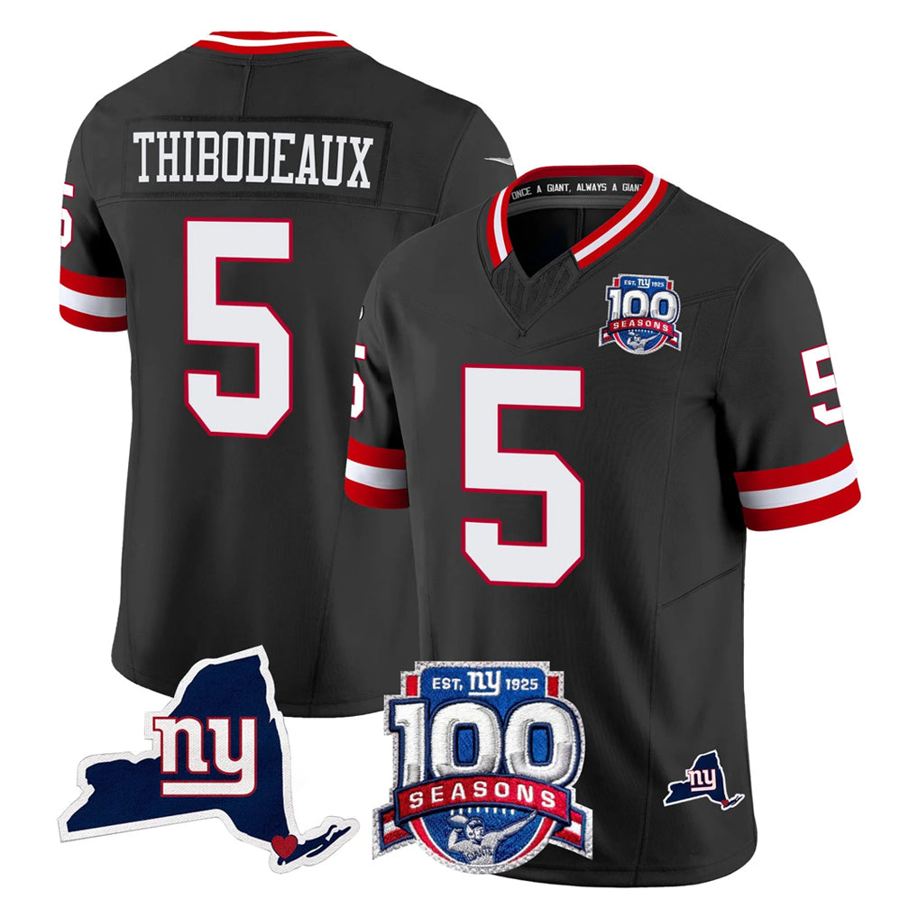 NY.Giants #5 Kayvon Thibodeaux Player Black 100th Season & State Patch Vapor Limited Home Game Gdoa Stitched Jerseys