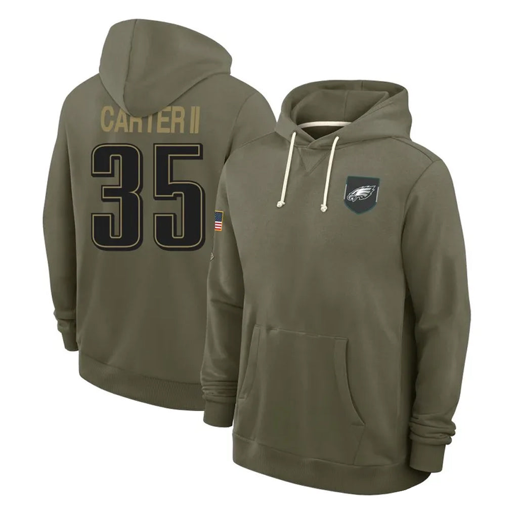 P.Eagles #35 Michael Carter II Player Olive Salute to Service Pullover Hoodies Limited Gdoa Stitched Jerseys