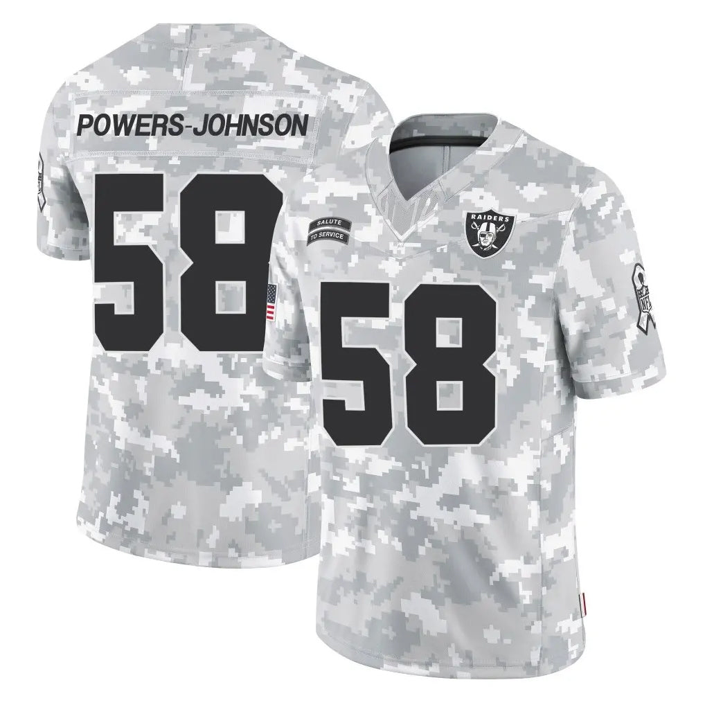 LV.Raiders #58 Jackson Powers-Johnson Player Arctic Camo Salute To Service Limited Game Gdoa Stitched Jerseys