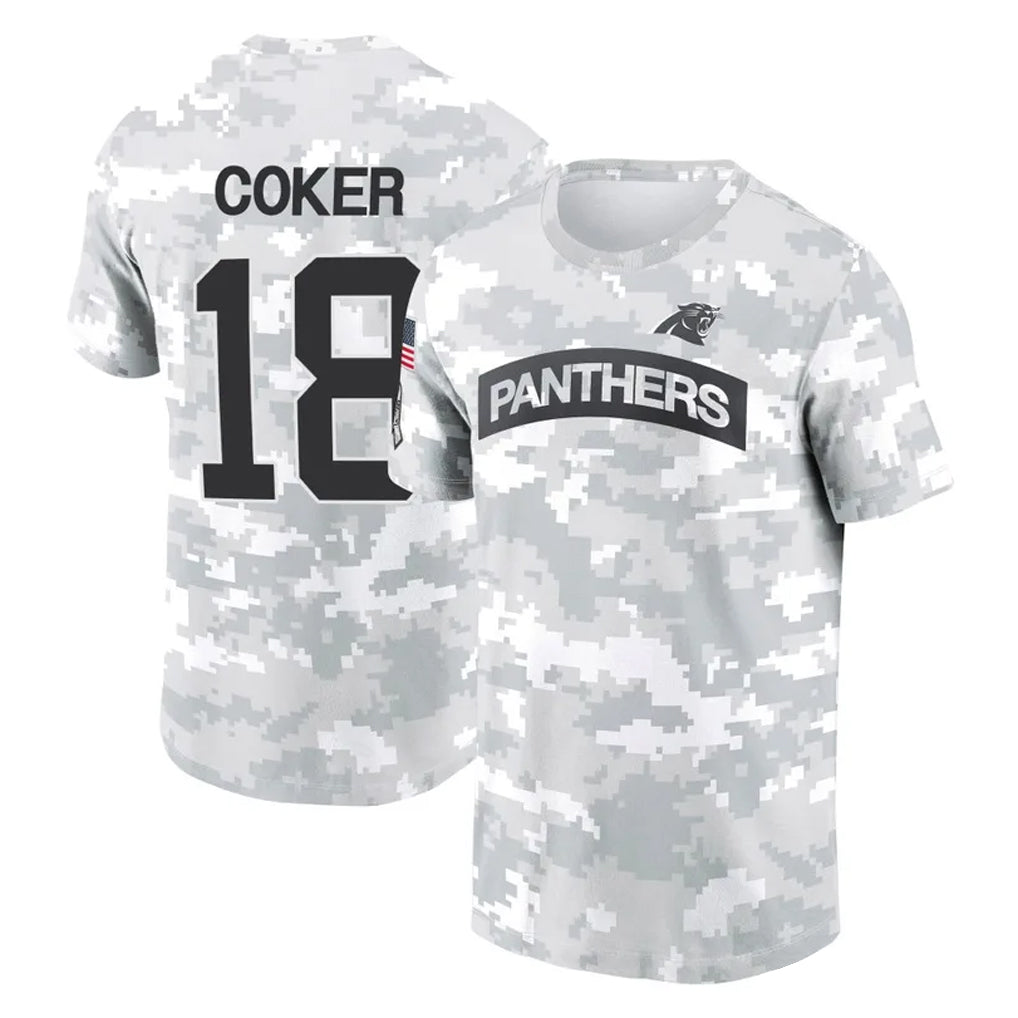 C.Panthers #18 Jalen Coker Player Arctic Camo Salute to Service T-Shirt Hoodies Gdoa Stitched Jerseys