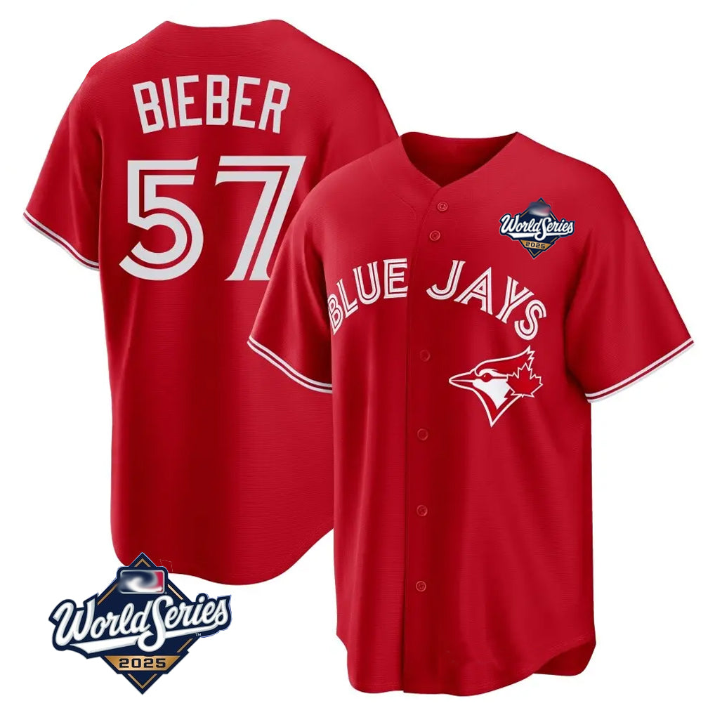T.Blue Jays #57 Shane Bieber Player Red 2025 World Series All Fdoa Stitched Jerseys