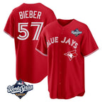 T.Blue Jays #57 Shane Bieber Player Red 2025 World Series All Fdoa Stitched Jerseys