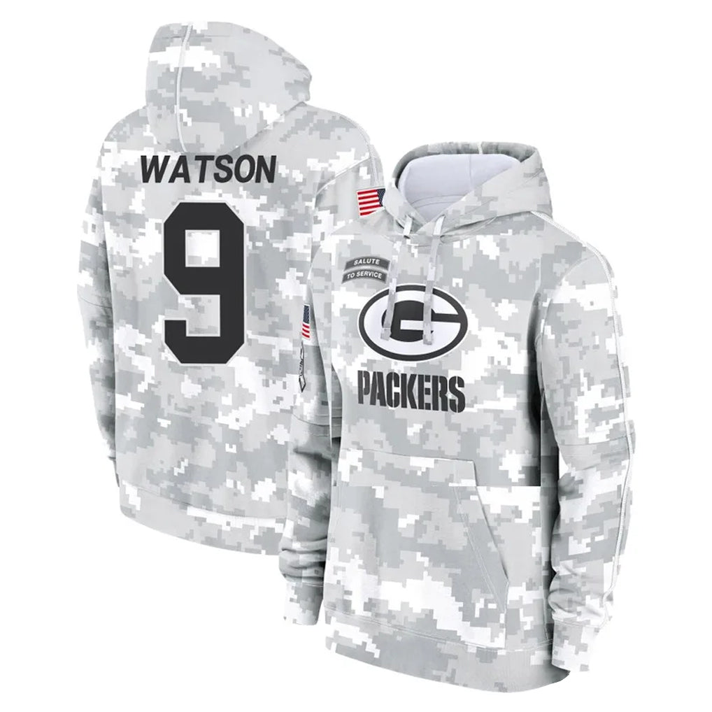GB.Packers #9 Christian Watson Player Arctic Camo Salute to Service Hoodies Limited Game Gdoa Stitched Jerseys
