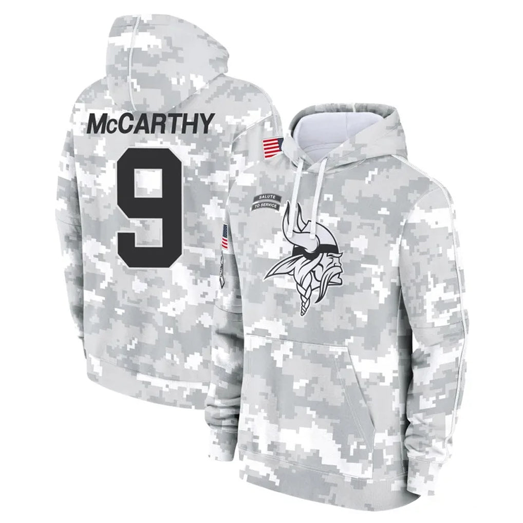 M.Vikings #9 J.J. McCarthy Player Arctic Camo Salute to Service Pullover Hoodies Limited Game Gdoa Stitched Jerseys