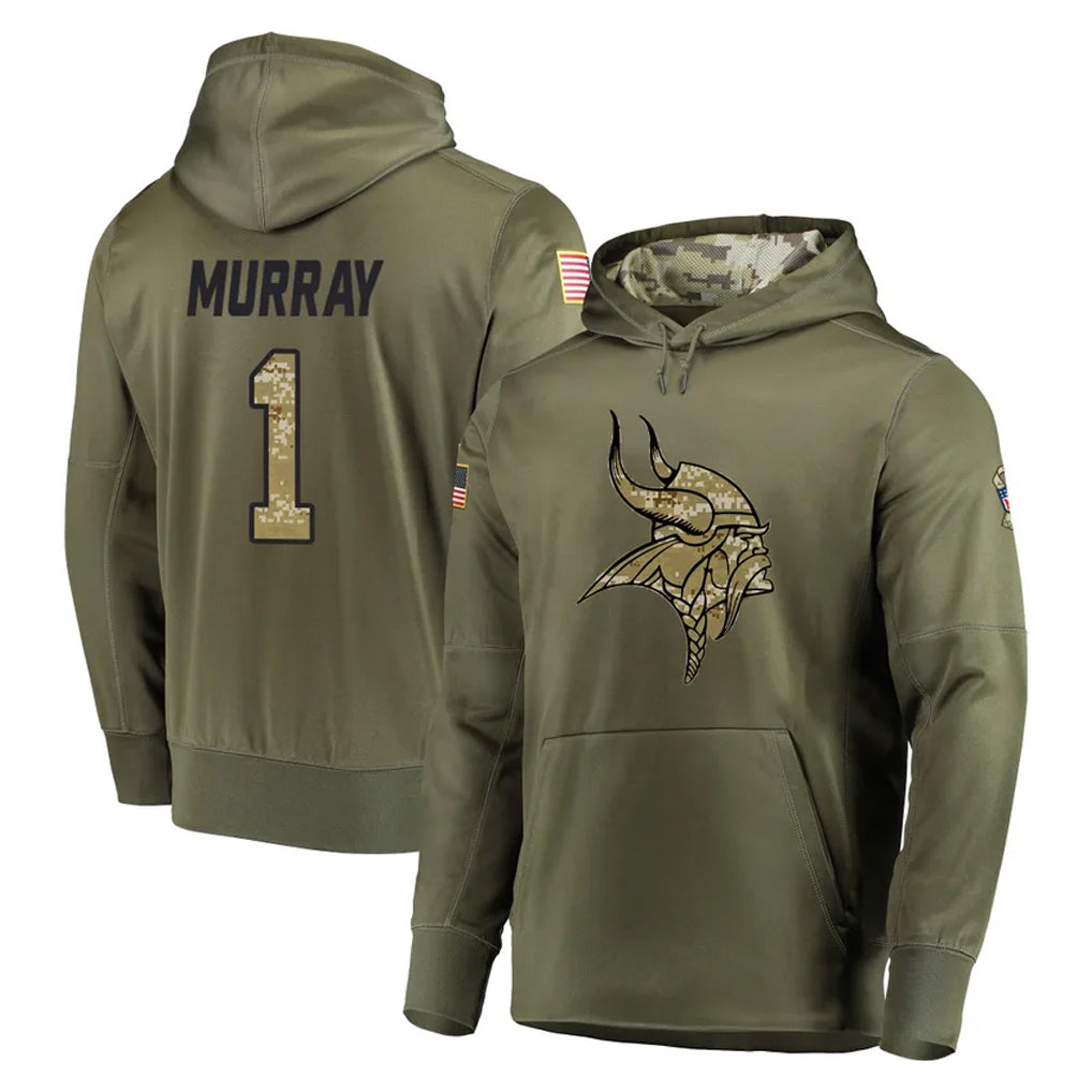 M.Vikings #1 Kyler Murray Player Olive Salute to Service Pullover Hoodies Home Game Gdoa Stitched Jerseys