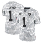 LV.Raiders #1 Tre Tucker Player Arctic Camo Salute To Service Limited Game Gdoa Stitched Jerseys