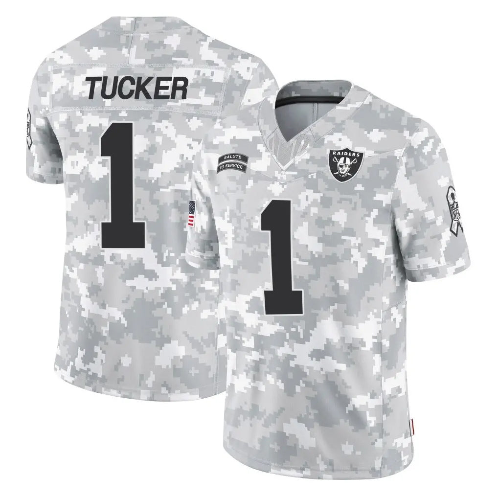 LV.Raiders #1 Tre Tucker Player Arctic Camo Salute To Service Limited Game Gdoa Stitched Jerseys