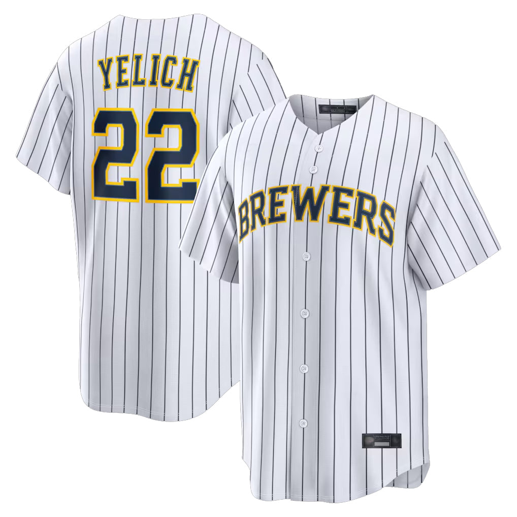 M.Brewers #22 Christian Yelich Player White Stripes Home Limited Fdoa Stitched Jerseys