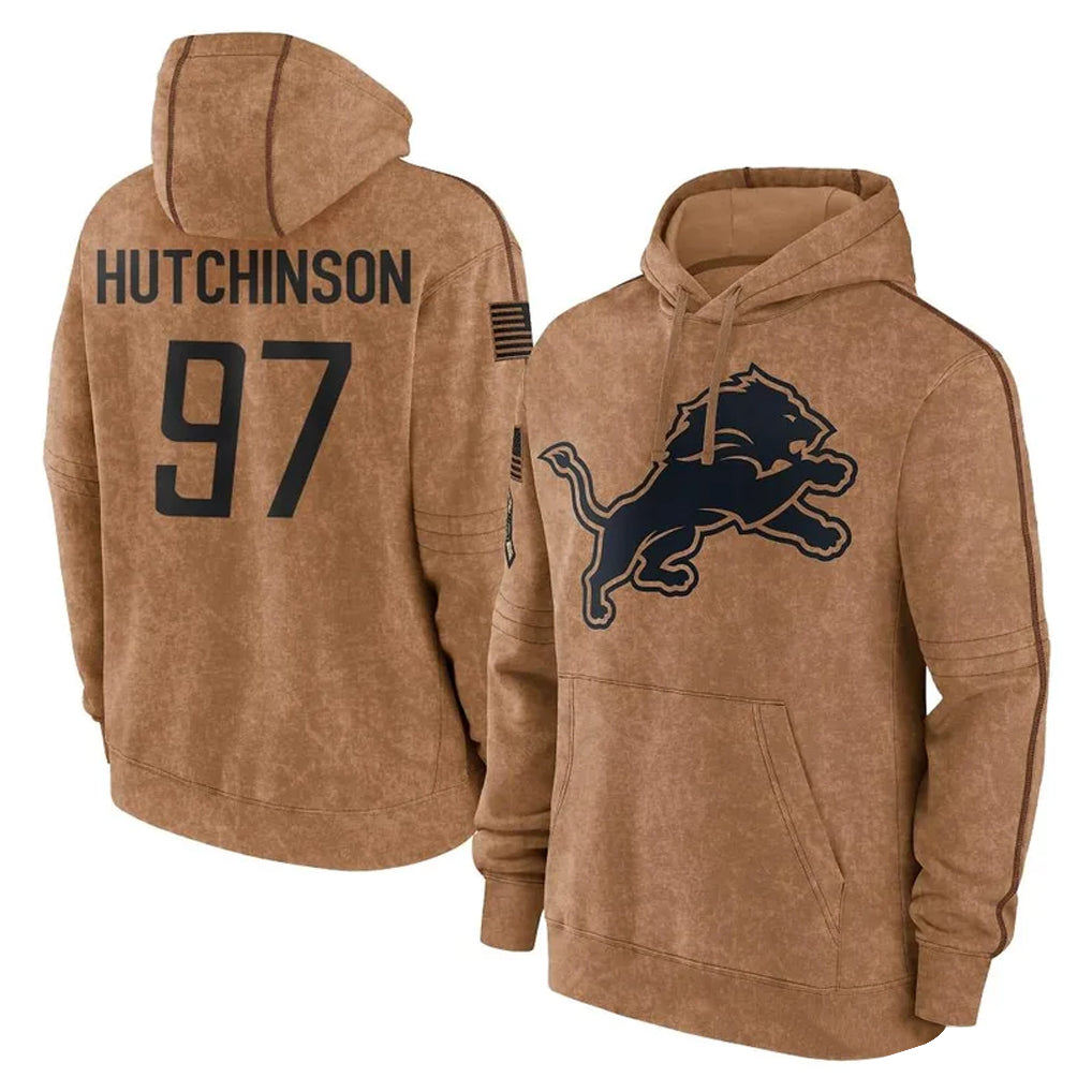 D.Lions #97 Aidan Hutchinson Player Brown Salute to Service Hoodies Limited Game Gdoa Stitched Jerseys