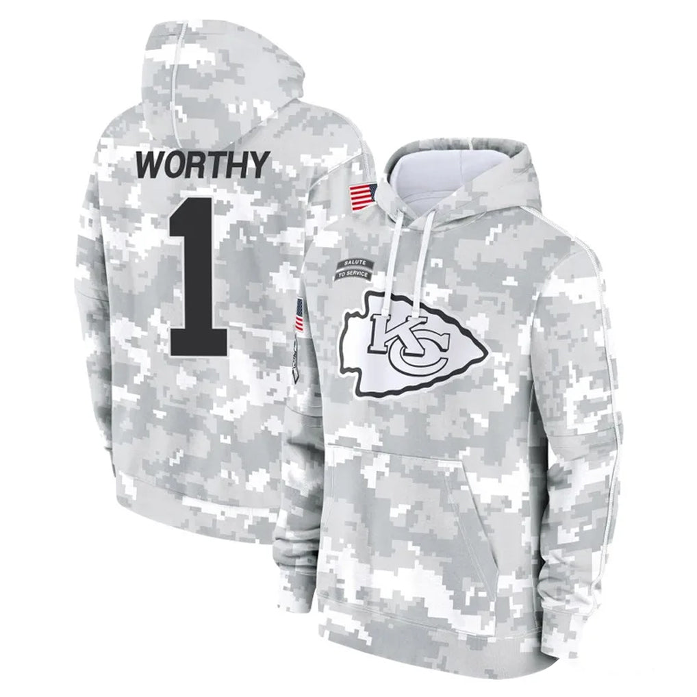 KC.Chiefs #1 Xavier Worthy Player Arctic Camo Salute to Service Hoodies Limited Game Gdoa Stitched Jerseys
