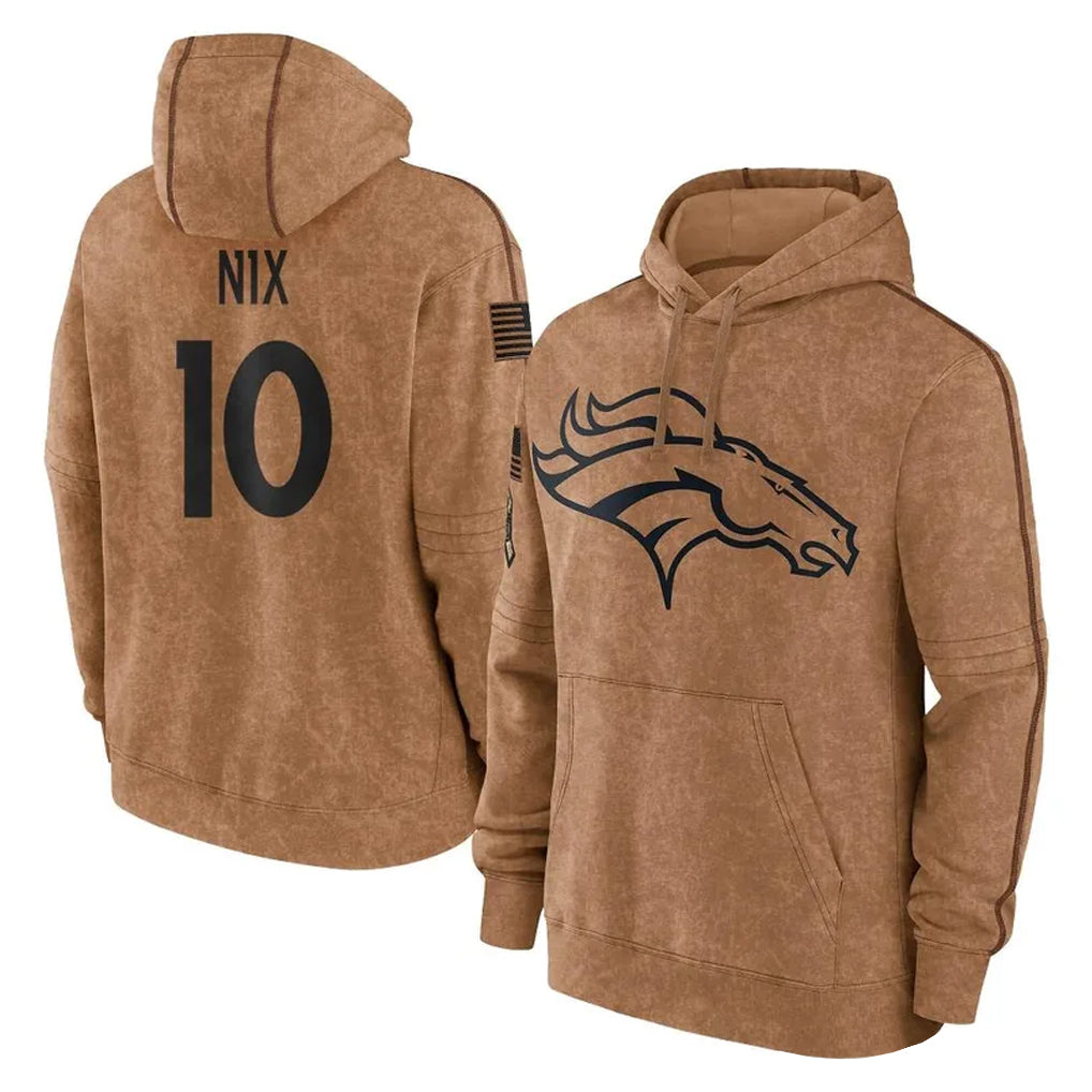 D.Broncos #10 Bo Nix Player Brown Salute to Service Hoodies Limited Game Gdoa Stitched Jerseys