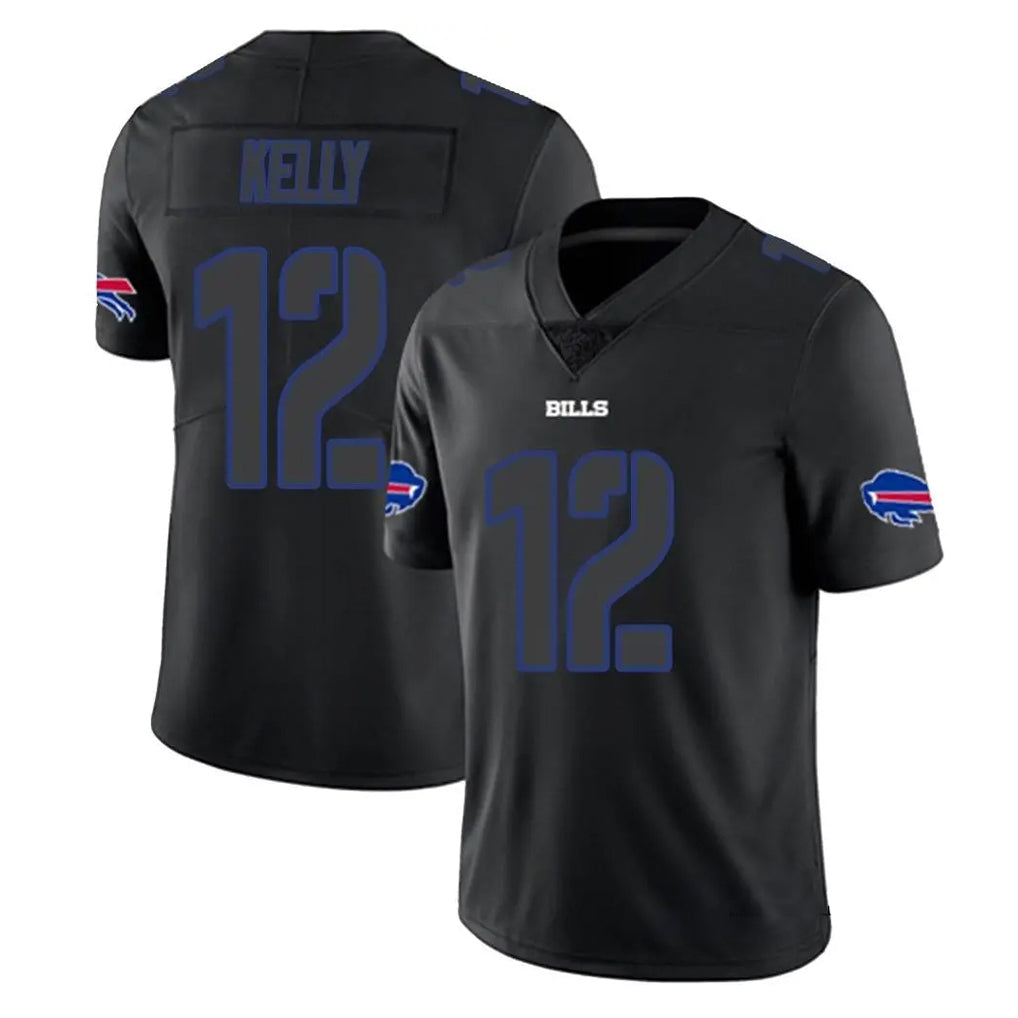 B.Bills #12 Jim Kelly Player Black Impact Limited Game Gdoa Stitched Jerseys