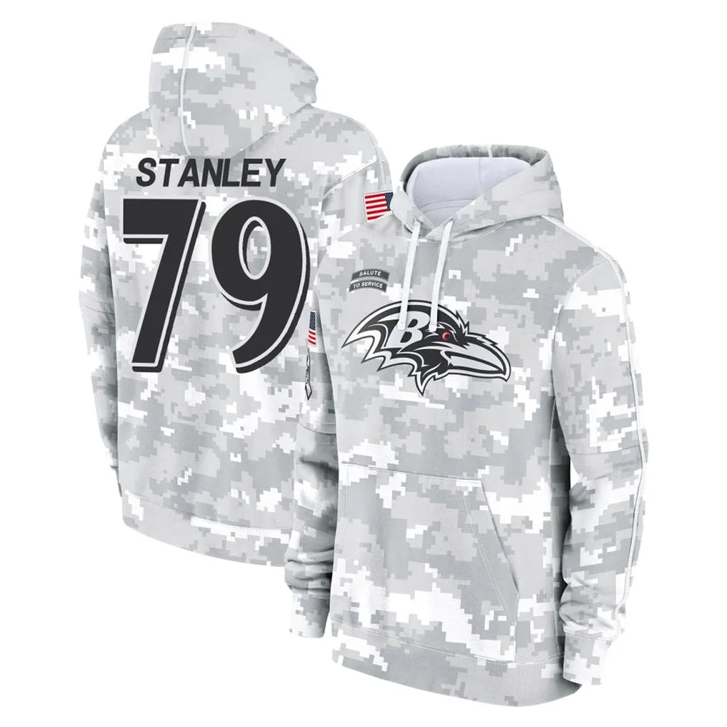 B.Ravens #79 Ronnie Stanley Player Arctic Camo Salute to Service Pullover Hoodie Gdoa Stitched Jerseys