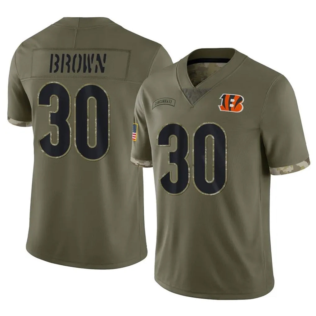 C.Bengals #30 Chase Brown Player Olive Salute to Service Limited Game Gdoa Stitched Jerseys