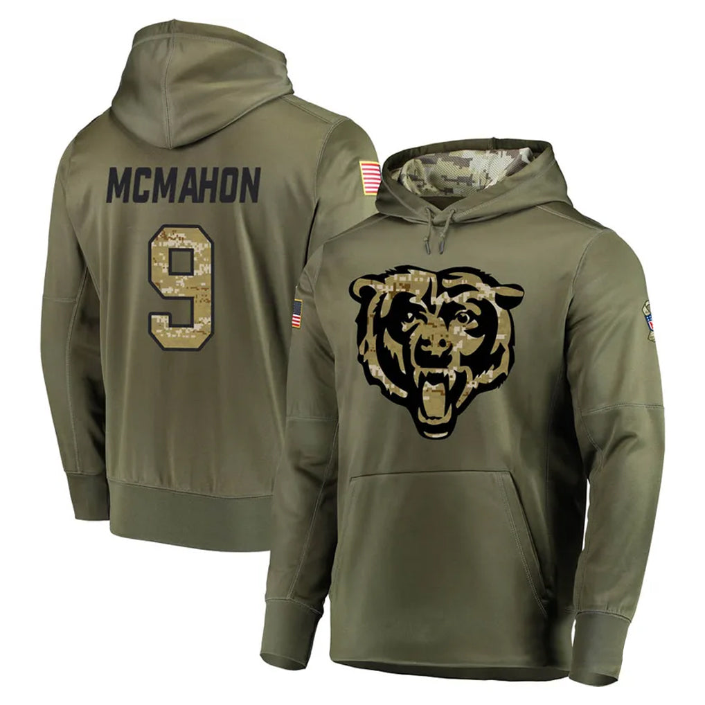 C.Bears #9 Jim McMahon Player Olive Salute to Service Pullover Hoodies Home Game Gdoa Stitched Jerseys