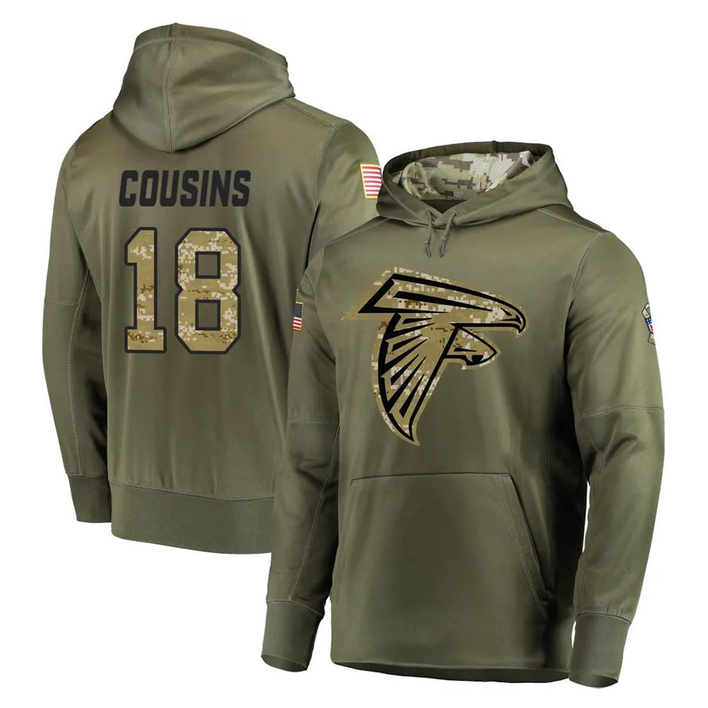 A.Falcons #18 Kirk Cousins Player Olive Salute to Service Club Fleece Hoodie Gdoa Stitched Jerseys
