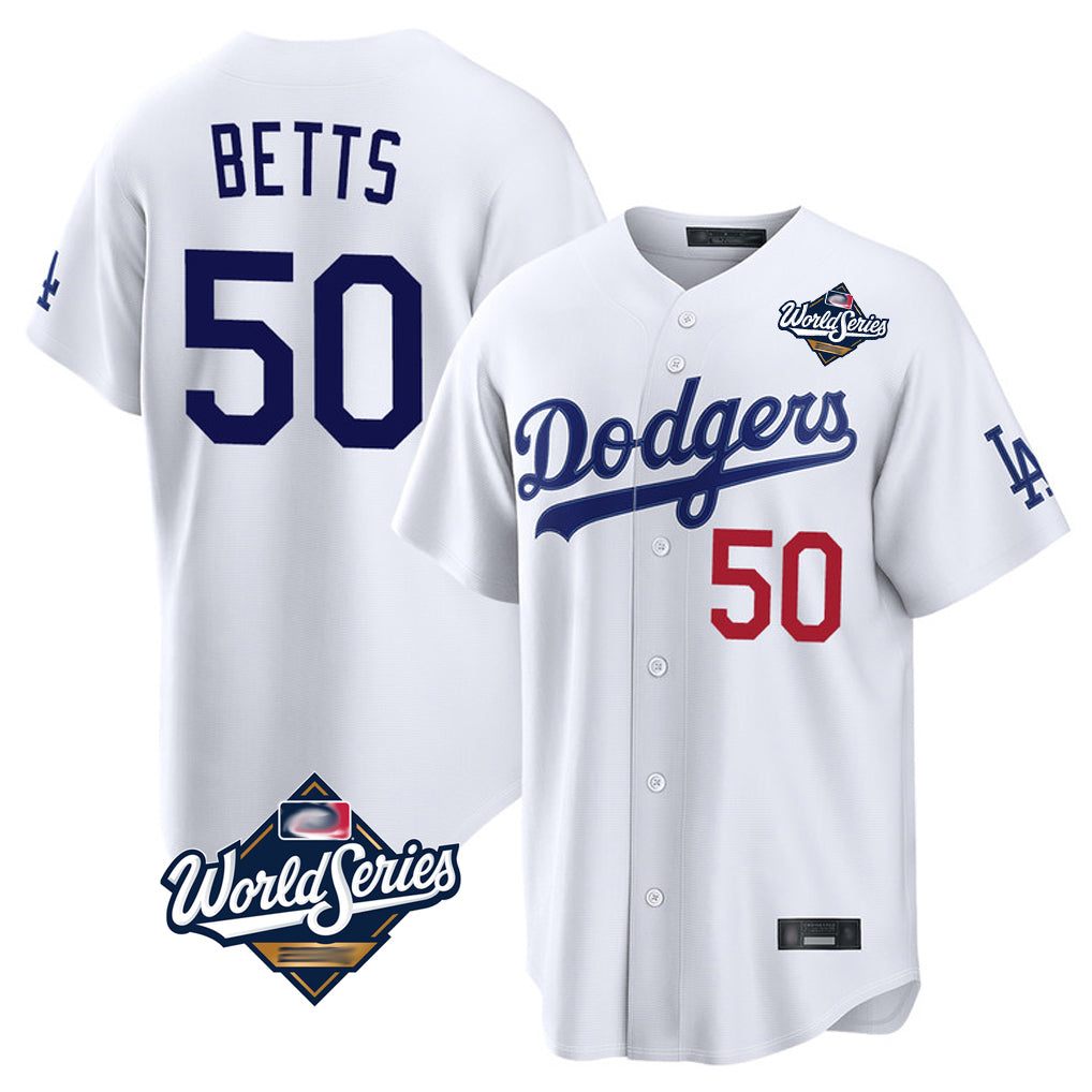 LA.Dodgers #50 Mookie Betts Player White World Series Home Game Fdoa Stitched Jerseys