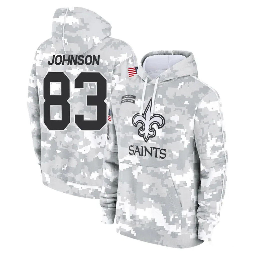 NO.Saints #83 Juwan Johnson Player Arctic Camo Salute to Service Pullover Hoodies Limited Game Gdoa Stitched Jerseys
