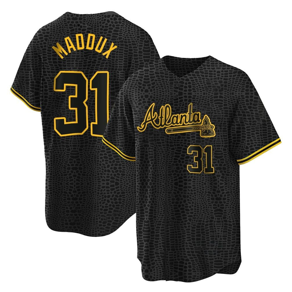A.Braves #31 Greg Maddux Player Black Snake Skin City Home Game Gdoa Stitched Jerseys