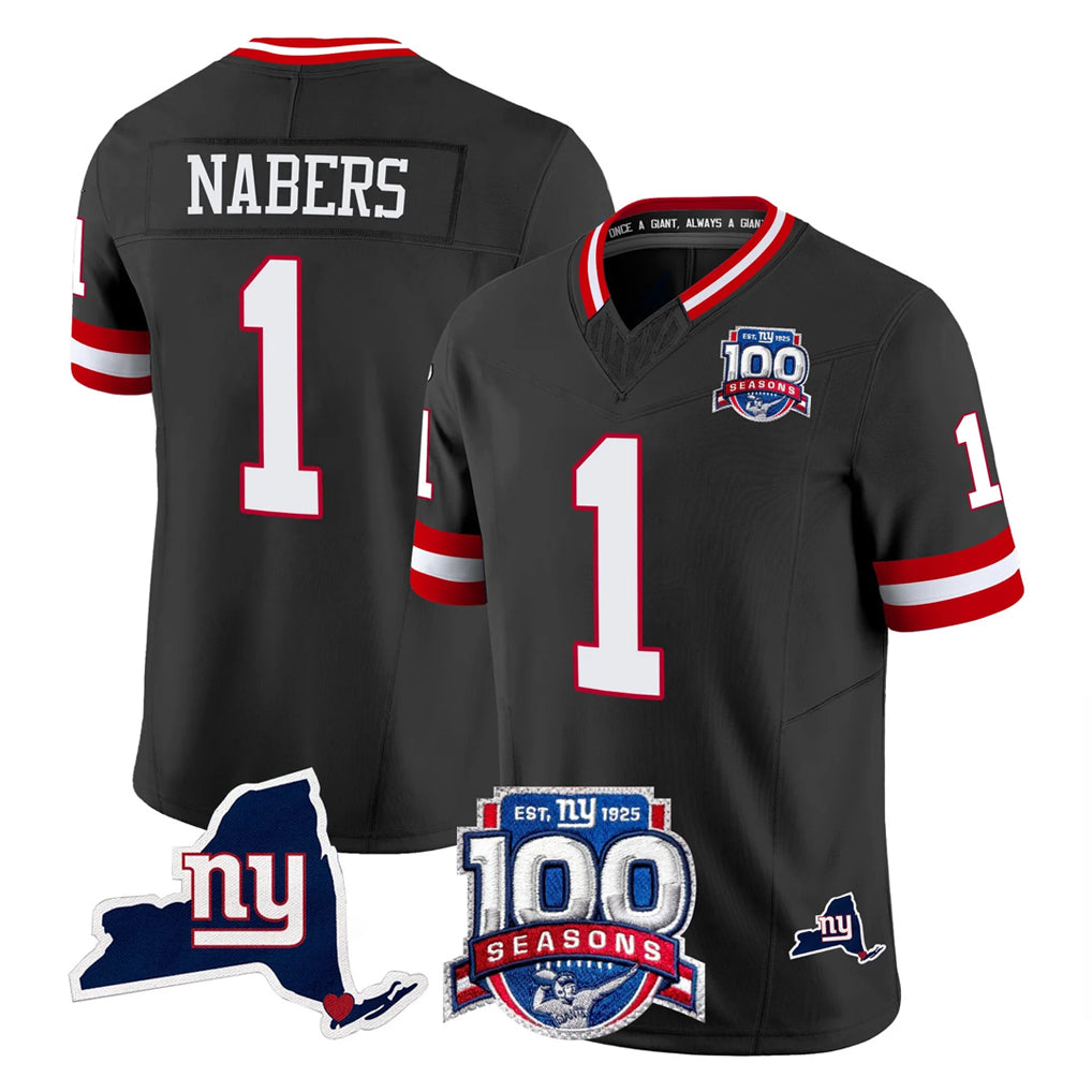 NY.Giants #1 Malik Nabers Player Black 100th Season & State Patch Vapor Limited Home Game Gdoa Stitched Jerseys
