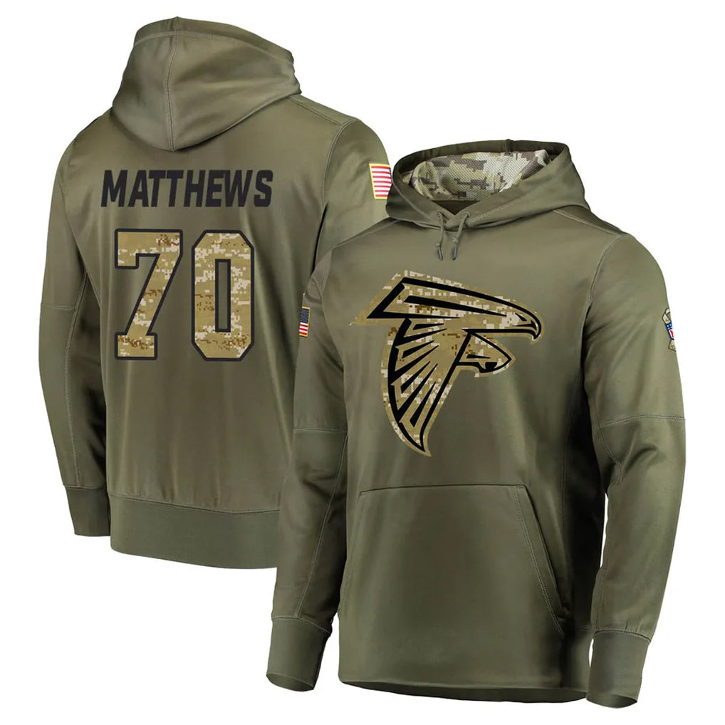 A.Falcons #70 Jake Matthews Player Olive Salute to Service Club Fleece Hoodie Gdoa Stitched Jerseys