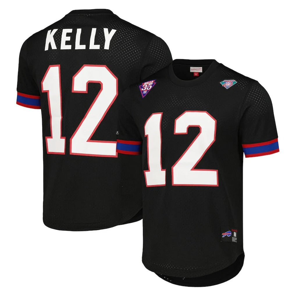 B.Bills #12 Jim Kelly Player Black Mitchell & Ness Replica Mesh Limited Gdoa Stitched Jerseys
