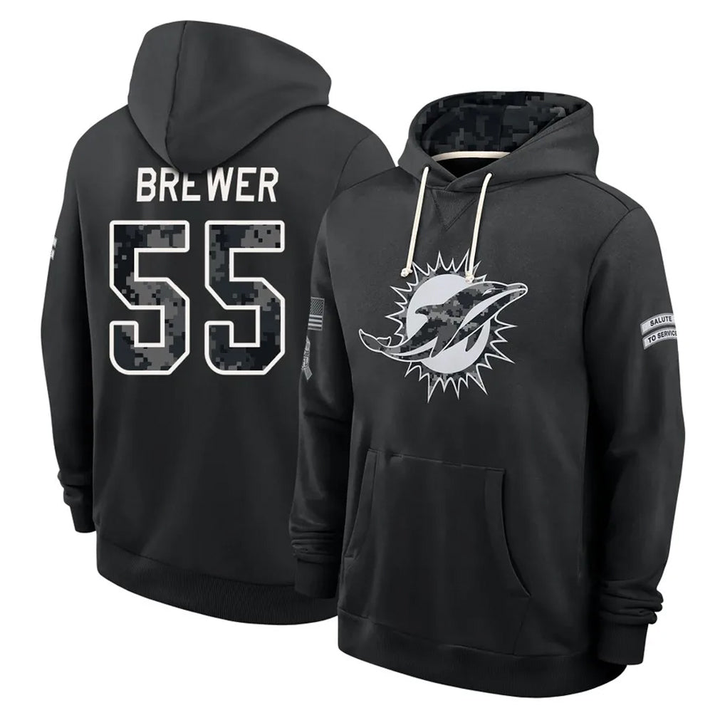M.Dolphins #55 Aaron Brewer Player 2026 Black Logo Pullover Hoodies Limited Game Gdoa Stitched Jerseys