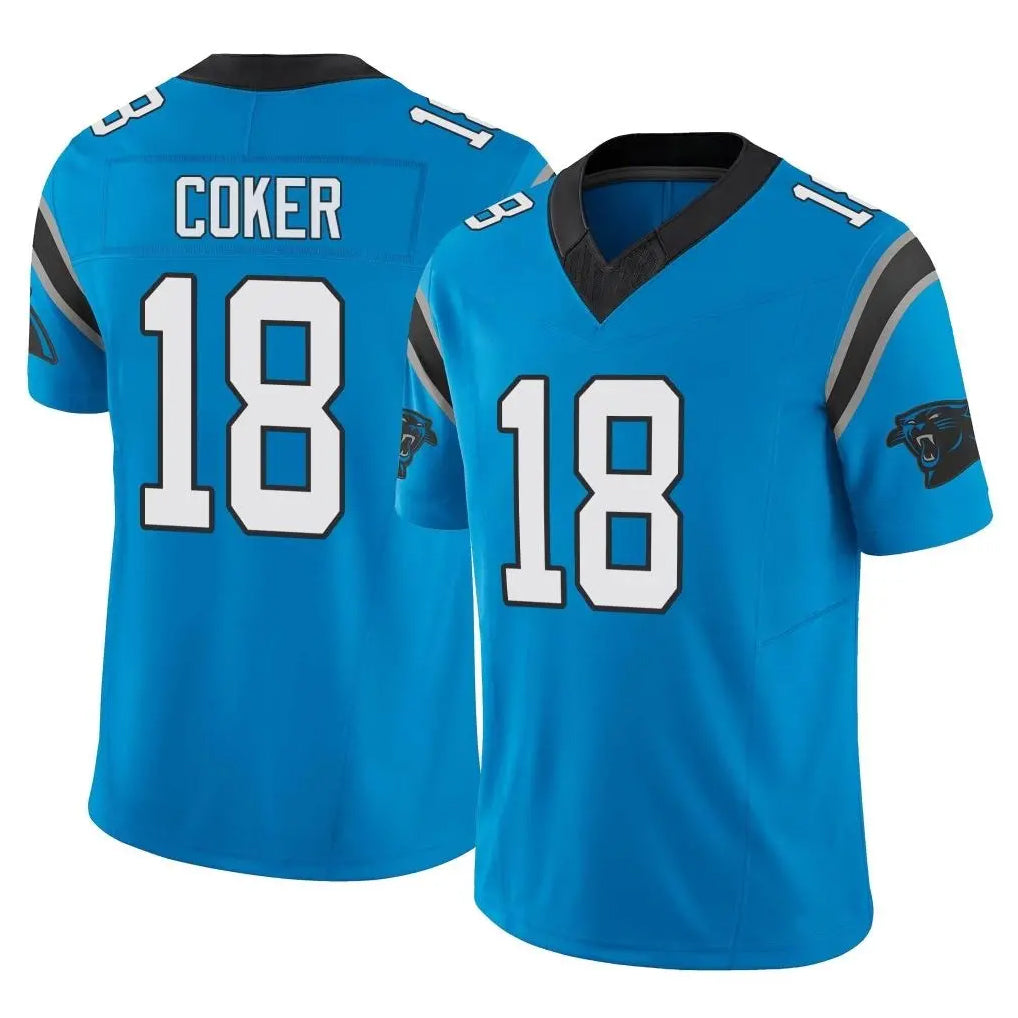 C.Panthers #18 Jalen Coker Player Blue Vapor F.U.S.E. Limited Home Game Gdoa Stitched Jerseys
