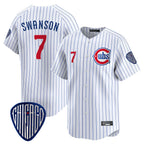 C.Cubs #7 Dansby Swanson Player White Pinstripe Vapor Premier Limited Home Gdoa Stitched Jerseys