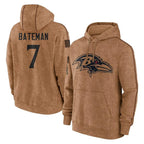 B.Ravens #7 Rashod Bateman Player Brown Salute to Service Pullover Hoodie Gdoa Stitched Jerseys