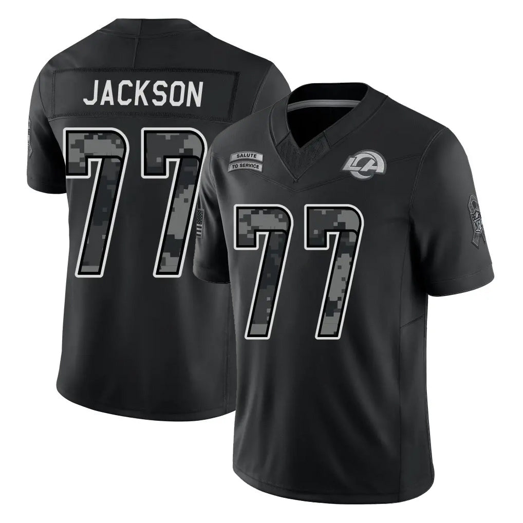LA.Rams #77 Alaric Jackson Player Black Limited 2026 Salute to Service Home Game Gdoa Stitched Jerseys