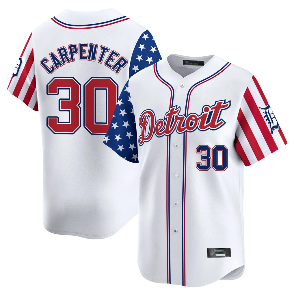 D.Tigers #30 Kerry Carpenter Player White Independence Day Vapor Premier Limited Gdoa Stitched Jerseys