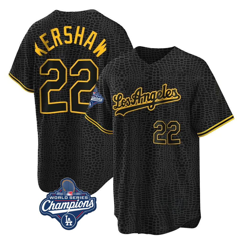 LA.Dodgers #22 Clayton Kershaw Player Black World Series Meet Snake Skin City Game Home Fdoa Stitched Jerseys