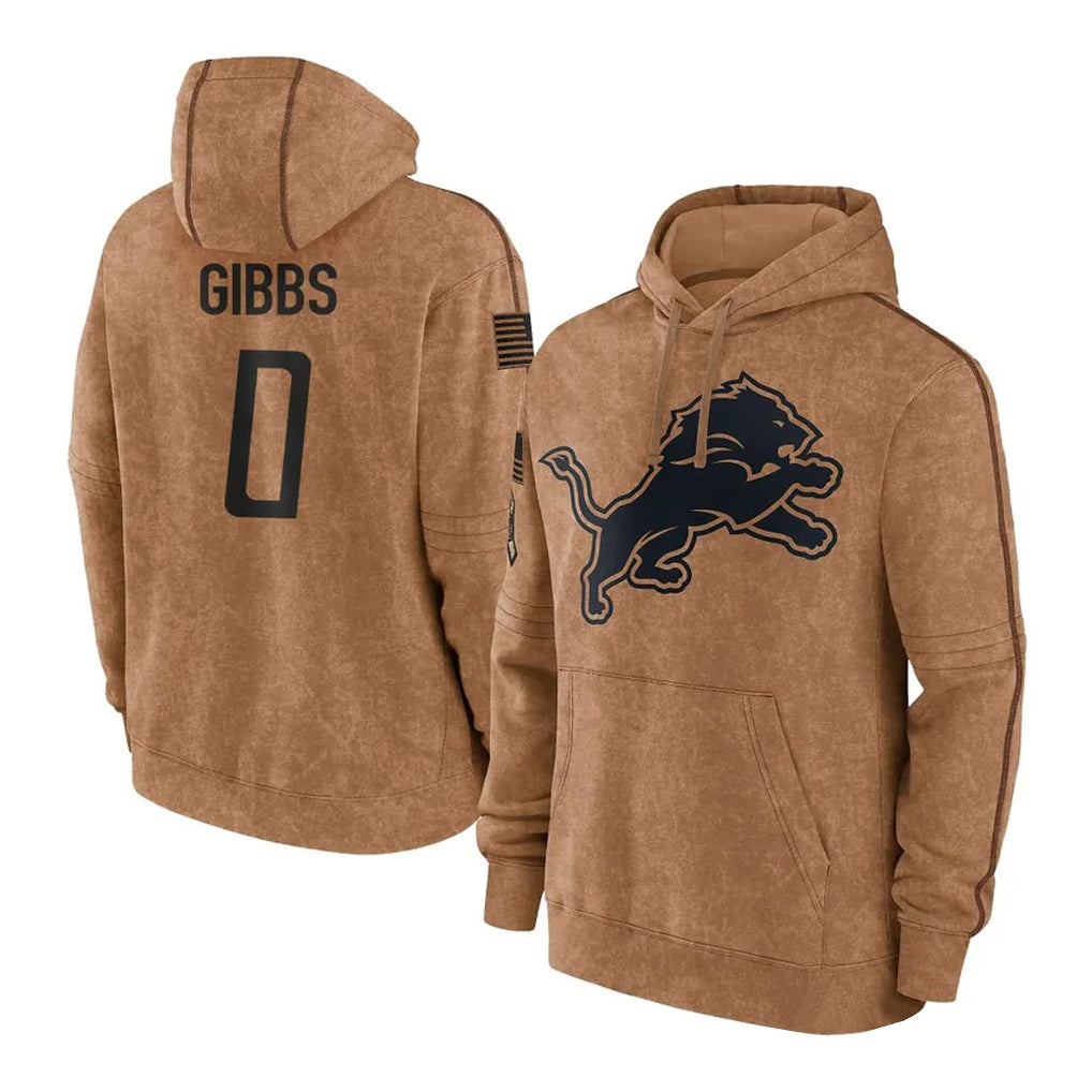 D.Lions #0 Jahmyr Gibbs Player Brown Salute to Service Hoodies Limited Game Gdoa Stitched Jerseys