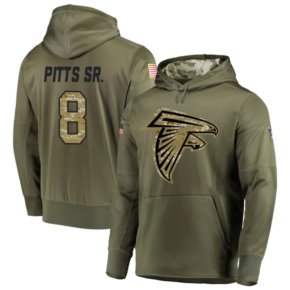 A.Falcons #8 Kyle Pitts Sr. Player Olive Salute to Service Club Fleece Hoodie Gdoa Stitched Jerseys