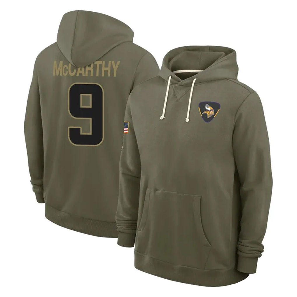 M.Vikings #9 J.J. McCarthy Player Olive Salute to Service Pullover Hoodies Limited Gdoa Stitched Jerseys