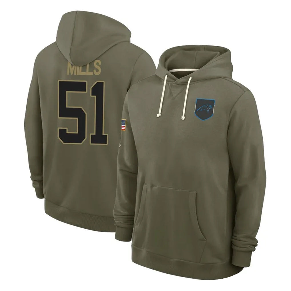 C.Panthers #51 Sam Mills Player Olive Salute to Service Hoodies Game Gdoa Stitched Jerseys