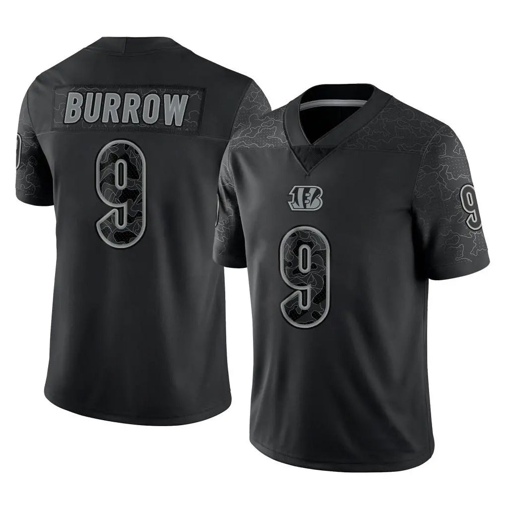 C.Bengals #9 Joe Burrow Player Black Reflective Limited Game Gdoa Stitched Jerseys