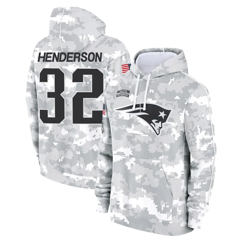 NE.Patriots #32 TreVeyon Henderson Player Arctic Camo Salute to Service Pullover Hoodies Limited Game Gdoa Stitched Jerseys
