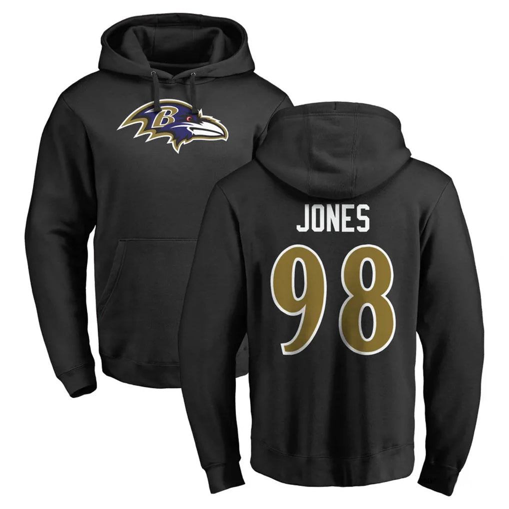B.Ravens #98 Travis Jones Player Black Pullover Hoodie Gdoa Stitched Jerseys