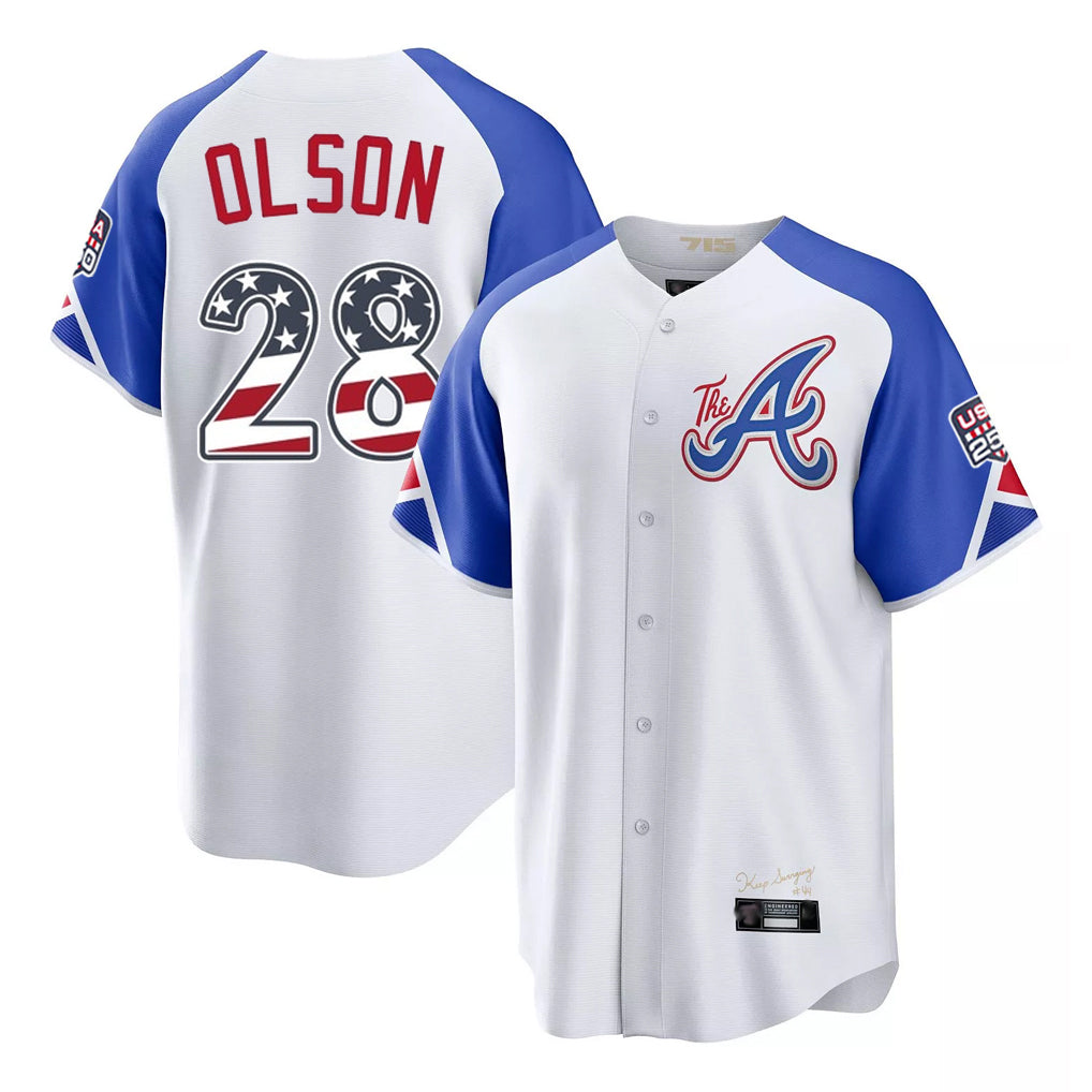 A.Braves #28 Matt Olson Player White USA 250 Fourth Of July City Connect Home Game Gdoa250Ys Stitched Jerseys