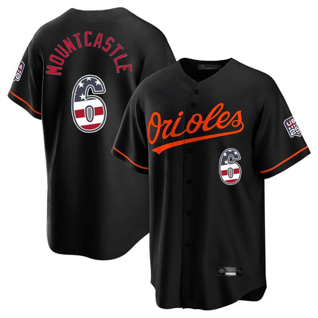 B.Orioles #6 Ryan Mountcastle Player Black USA 250 Fourth of July Home Game Gdoa Stitched Jerseys