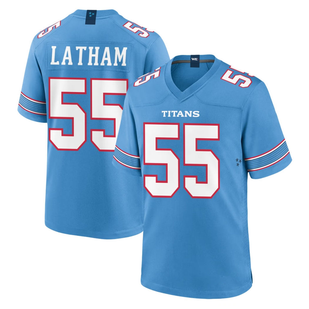 T.Titans #55 JC Latham Player Light Blue 2026 Game Home Gdoa Stitched Jerseys