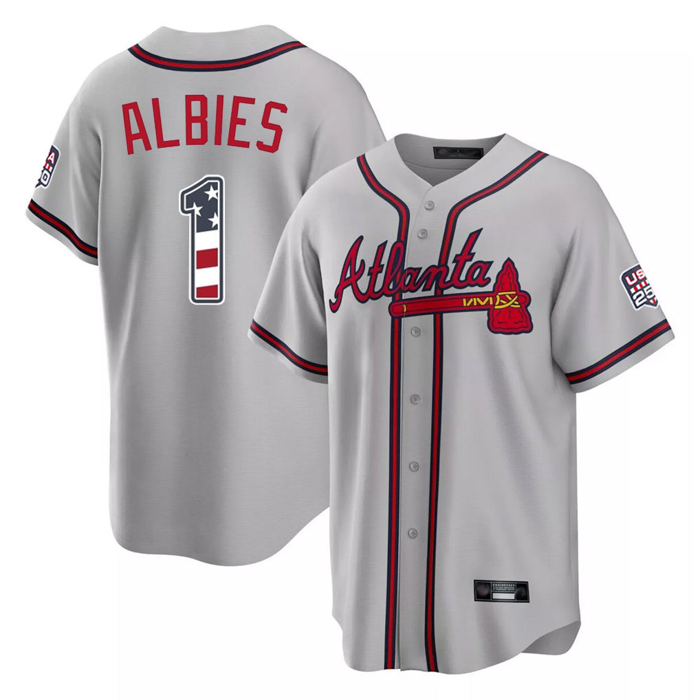 A.Braves #1 Ozzie Albies Player Gray USA 250 Fourth Of July Limited Home Game Gdoa250Ys Stitched Jerseys
