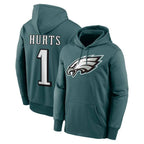 P.Eagles #1 Jalen Hurts Player Midnight Green Performance Pullover Hoodies Home Game Gdoa Stitched Jerseys