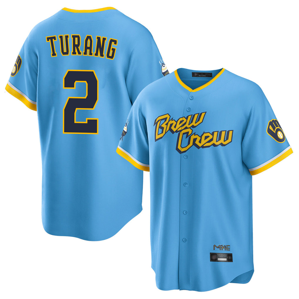 M.Brewers #2 Brice Turang Player Light Blue City Connect Home Game Fdoa Stitched Jerseys