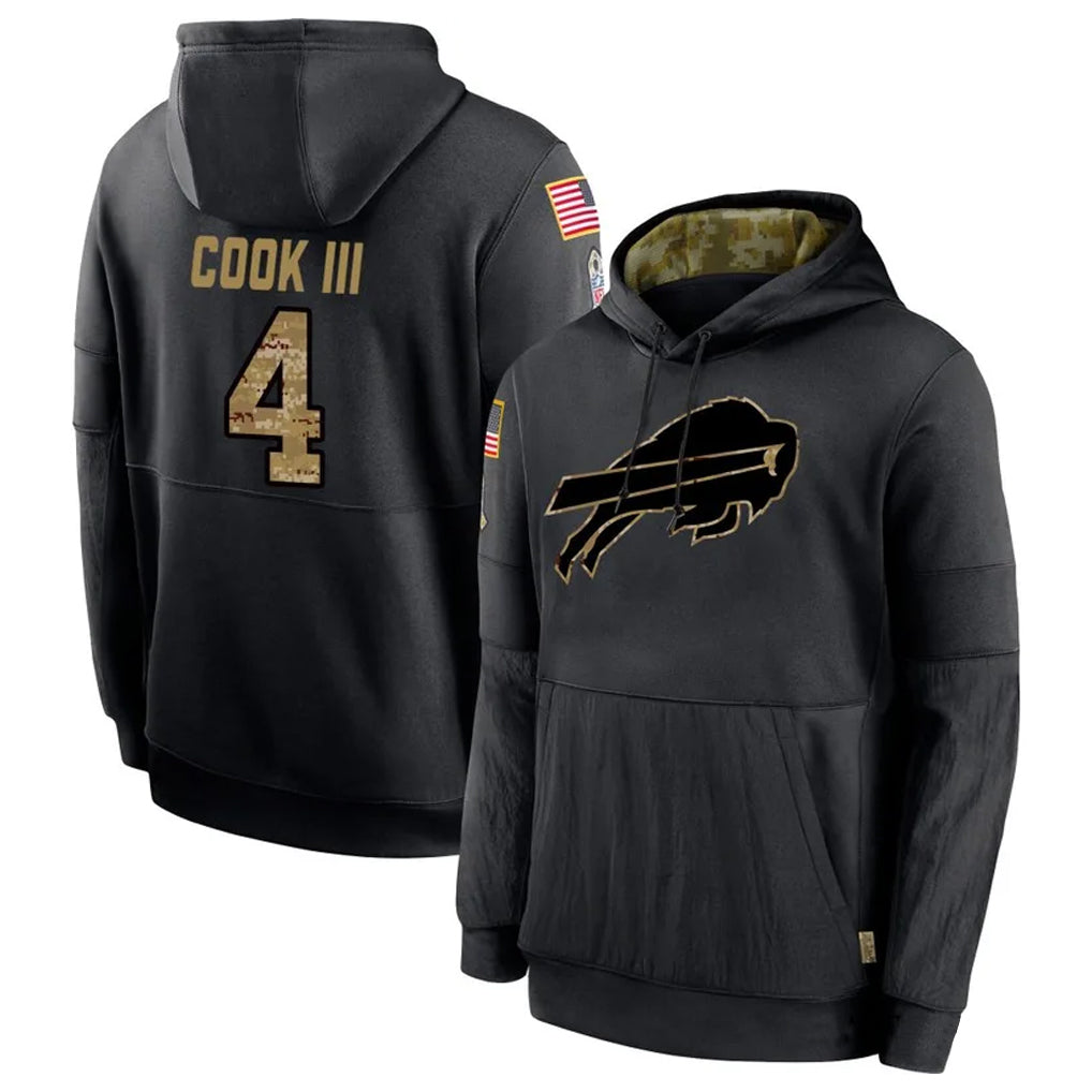 B.Bills #4 James Cook III Player Black Salute to Service Hoodies Hame Gdoa Stitched Jerseys