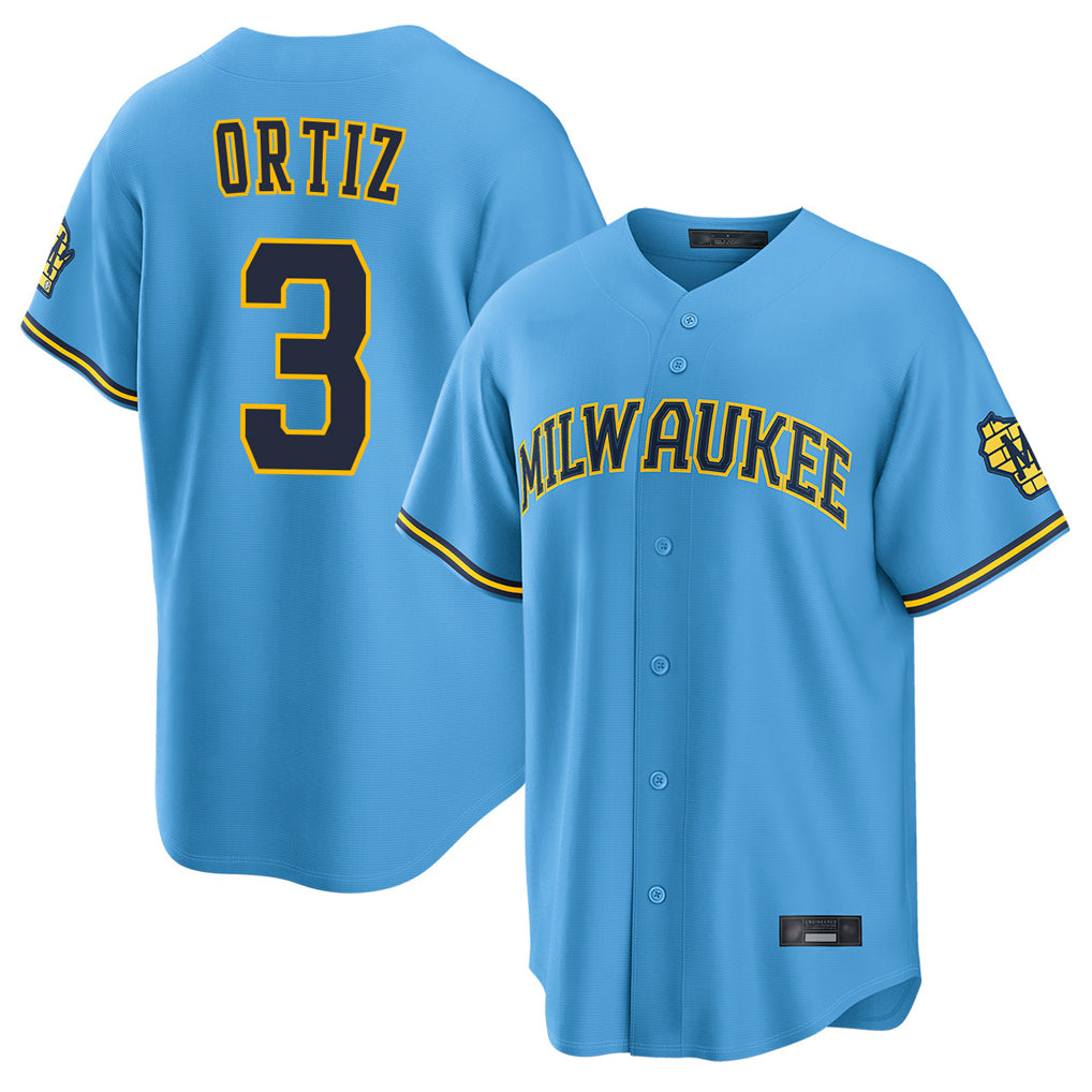 M.Brewers #3 Joey Ortiz Player Light Blue Road Stadium Game Fdoa Stitched Jerseys