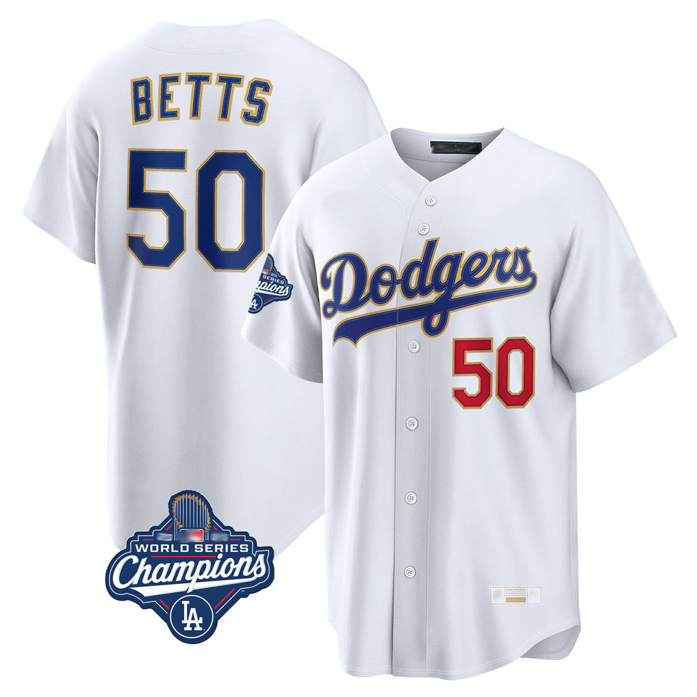 LA.Dodgers #50 Mookie Betts Player Gold White World Series Meet Collection Limited Home Fdoa Stitched Jerseys