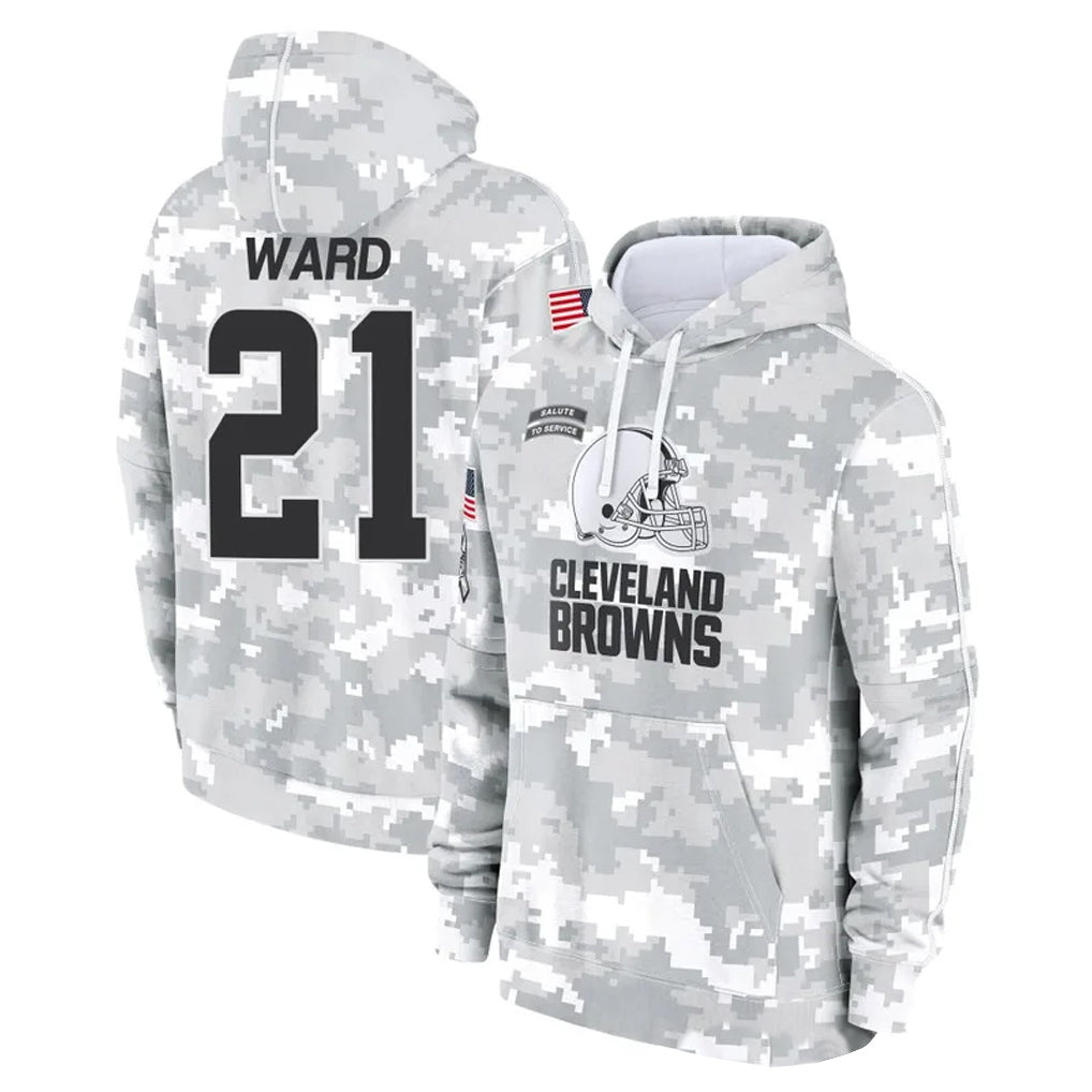 C.Browns #21 Denzel Ward Player Arctic Camo Salute to Service Hoodies Limited Game Gdoa Stitched Jerseys